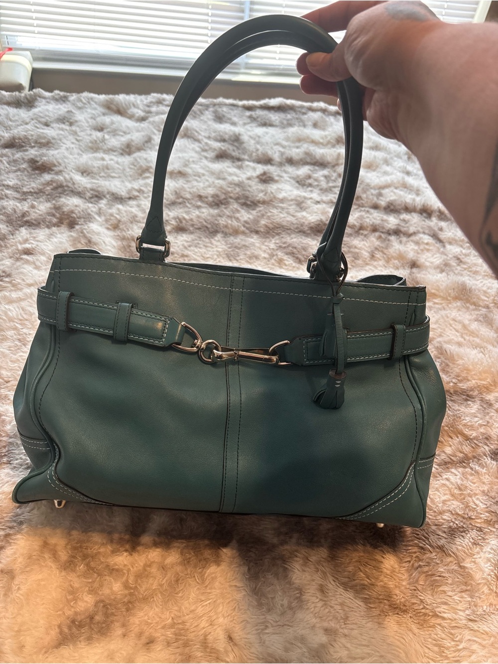 Vintage Y2K Coach rare Teal Leather Shoulder Bag with Silver-Tone Hardware